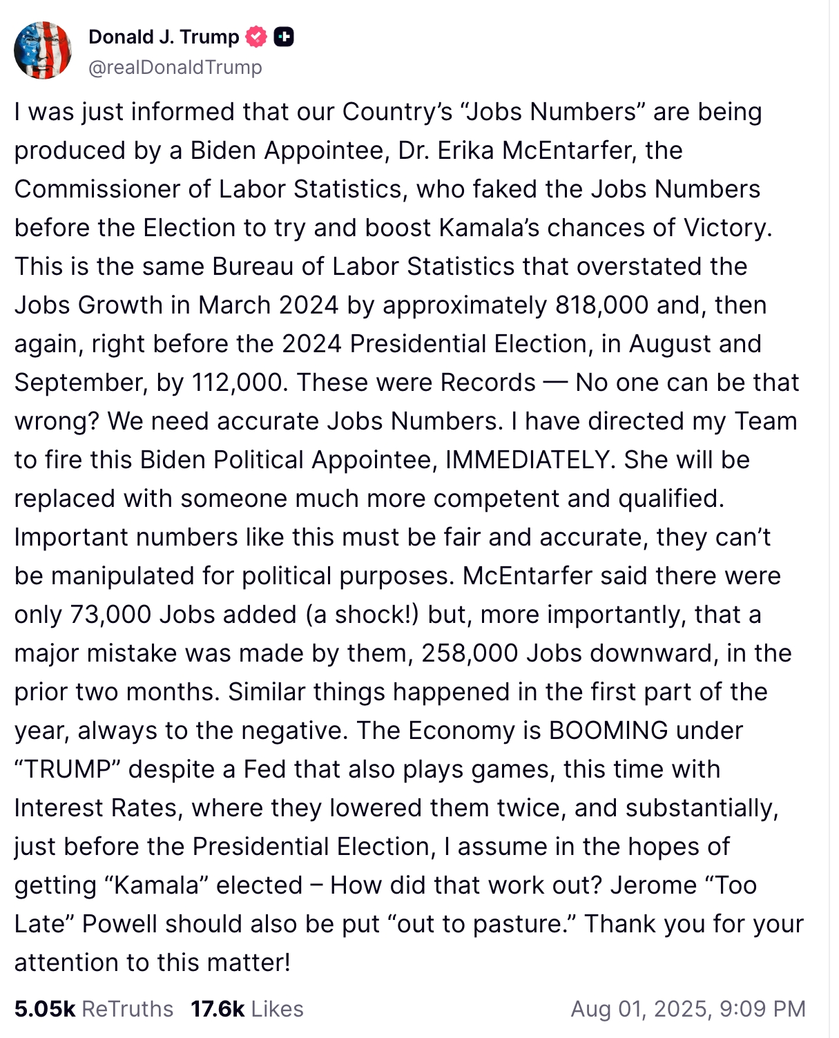 Trump Truth Social post on jobs numbers 
